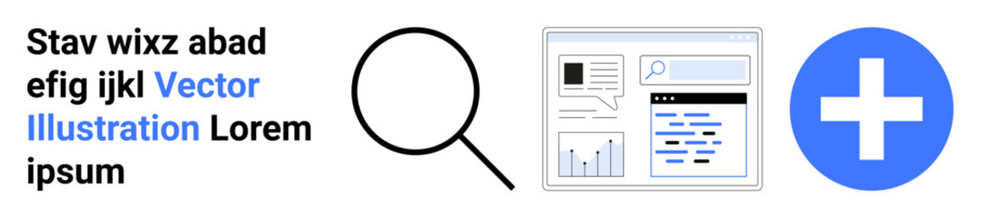 Obraz premium Data analysis, search tools, online resources, web browsing, digital information, healthcare icons. Magnifying glass, web document health symbol. Data analysis and search tools concepts