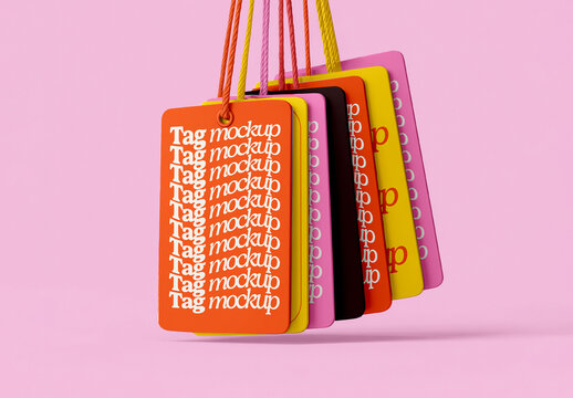 Suspended Stack of Rounded Corner Tags Mockup