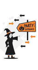 Obraz premium Whimsical Witch Guides Guests To Spooky Halloween Party Entrance