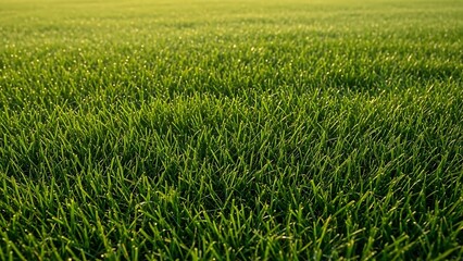 Fototapeta premium Lush Green Grass Field Illuminated by Golden Hour Sunlight