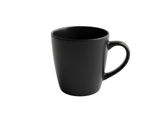 A sleek black ceramic mug with a simple handle positioned on a plain background.