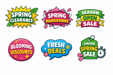 Naklejka premium Spring sale labels and discount banners set, offering seasonal markdowns and clearance