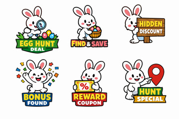 Obraz premium Cute cartoon easter bunny characters offering deals, discounts, and rewards concepts