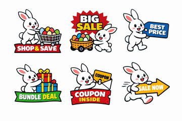 Obraz premium Cartoon rabbit character marketing promotion set, offering discount, coupon, and sale deals