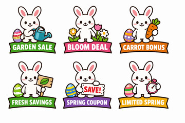 Obraz premium Cute easter bunny character creating spring sale, discount, and coupon banners