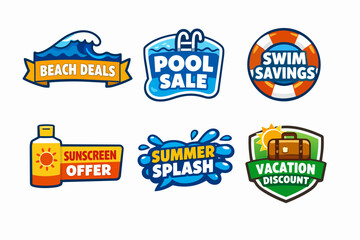 Obraz premium Summer sales, vacation discounts, pool deals, and beach offers advertising labels set