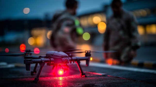 Tactical drone returning to base under moonlight, faceless ground crew in uniform rushing to receive, defocused red signal lights reflecting on metallic surfaces, with copy space