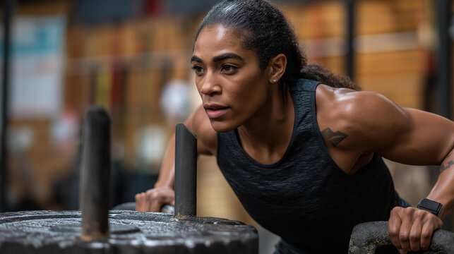 Faceless Black female power athlete performing heavy sled push, explosive sweat-driven functional strength training moment, functional training gym, healthy lifestyle, diversity
