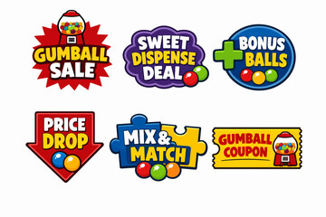Fototapeta premium Gumball sale promotion labels set showing discount, bonus, and coupon offers