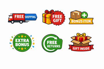 Naklejka premium Offer labels with free shipping, gift, returns, and bonus item for online shopping
