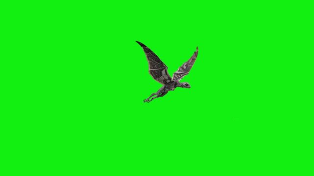 A prehistoric-style alien creature with leathery wings glides across the frame from left to right against a chroma key background. This 3D animated asset is designed for seamless VFX integration into 