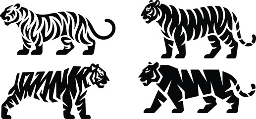 Set of four stylized black and white tiger illustrations in different poses © jibonstock