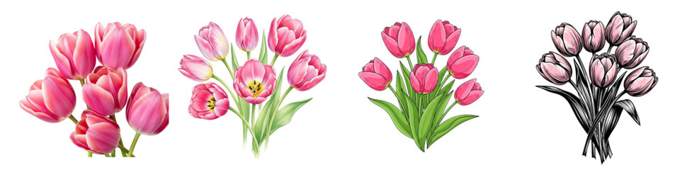 Obraz premium Pink Tulip Bouquets Collection: Realistic, Watercolor, Sketch, Floral Art, Spring Flowers, Gifts, Celebrations, Isolated