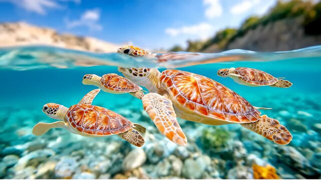 Four sea turtles swimming in clear turquoise tropical water. Group of green sea turtles gliding through transparent ocean water over a coral reef with a split view of the sky.
