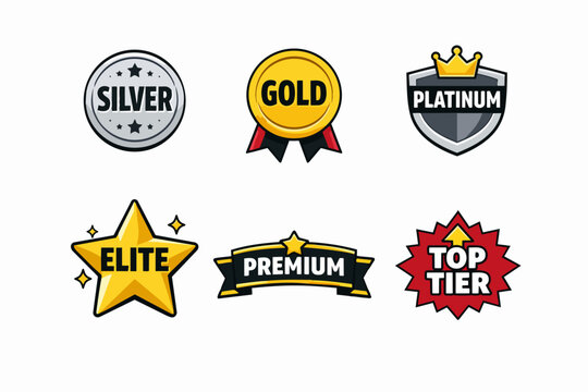 Ranking and quality badges illustrating silver, gold, platinum, elite, premium, top tier