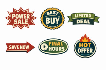 Obraz premium Collection of promotion badges including power sale, best buy, limited deal, and hot offer