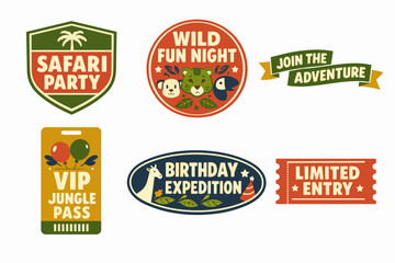 Set of adventure party labels and passes including safari, jungle, and wild fun themes
