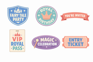 Fantasy party and royal birthday celebration badges with vip passes and entry tickets