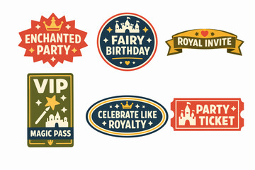 Fototapeta premium Fairytale party invitation badges and tickets set with castles and magic wands