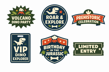 Obraz premium Dinosaur party labels and badges, creating prehistoric celebration invitations and stickers