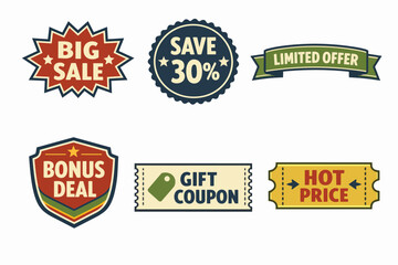 Retail sales and promotion labels set with discount, offer, and coupon tags