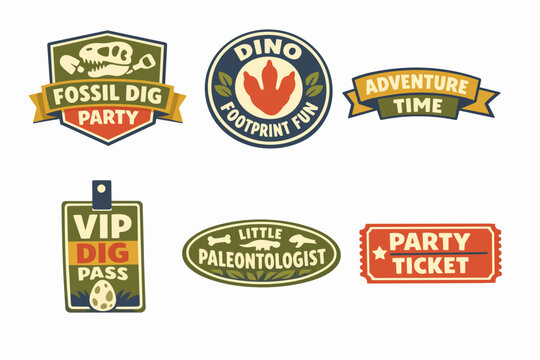 Dinosaur party labels and badges inviting to a fossil hunt adventure