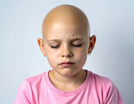 Ni&ntilde;a calva con ojos cerrados, concepto de superaci&oacute;n y lucha contra el c&aacute;ncer, tratamiento oncol&oacute;gico y dia mundial contra el cancer infantil, sobre fondo neutro