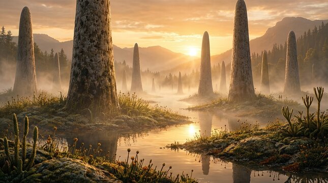 Prototaxites rising in misty prehistoric wetland landscape