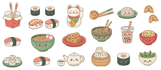 Kawaii Japanese and Chinese Food Vector Clipart Set