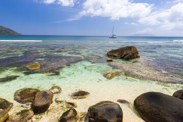 Coastal view of Beau Vallon beach. Natural landscape