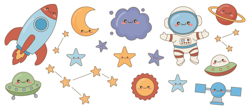 Kawaii Space Adventure and Astronomy Vector Illustration Set |