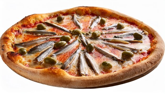 isolated pizza with anchovies and capers on white background