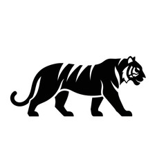 Black silhouette graphic of a walking tiger side view, simple icon for logo or design element.