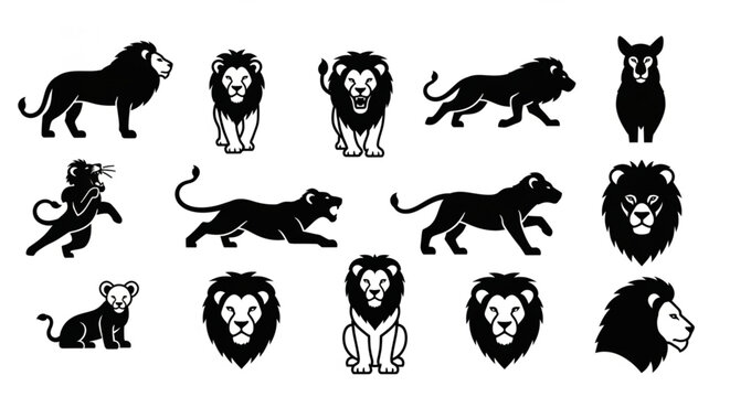 Collection of various black and white lion silhouettes and icons, including full bodies, heads, cubs, and roaring poses, perfect for logos or graphic design.