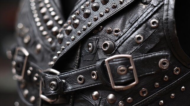 A close-up view of a black leather jacket with metal studs and buckles