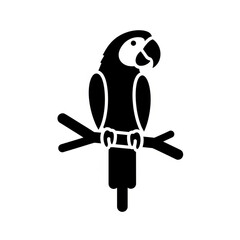 Black silhouette icon of a parrot or macaw perched on a branch, isolated on white background.