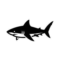 Black silhouette icon or vector graphic of a great white shark swimming, isolated on white background.