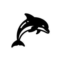 Black and white stylized icon or silhouette of a dolphin jumping out of the water, isolated on white background.