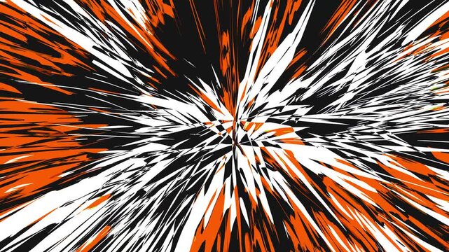 High-energy abstract animation featuring sharp orange and white shards exploding from a central point. Ideal for dynamic transitions or fast-paced video intros.