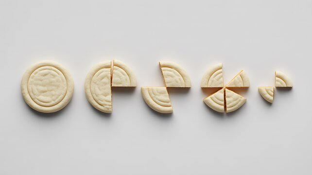 Circular Cookie or Biscuit Divided into Fractions Showing Whole, Halves, Quarters