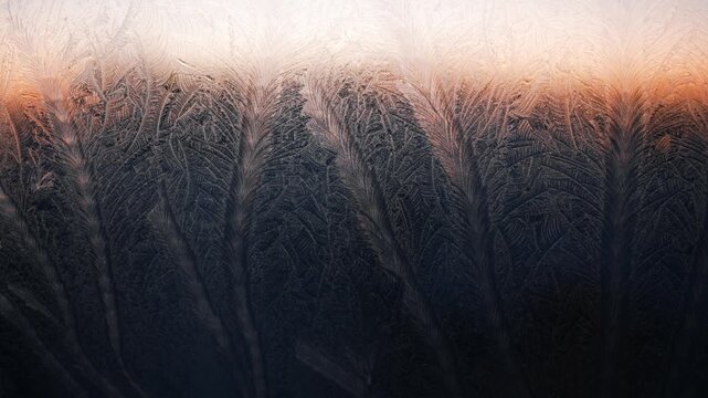 Intricate ice crystals growing on a frozen window pane, forming beautiful feathery frost patterns as the water vapor freezes, with a warm light glowing softly in the blurred background
