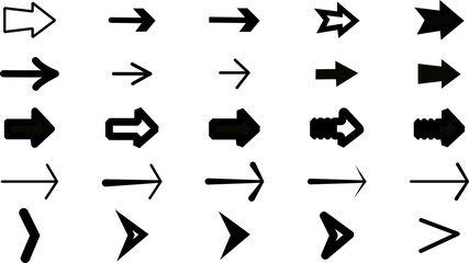 A comprehensive collection of black arrow icons and 3d buttons featuring directional signs for web design, including next, play, and cursor elements in a modern pointer illustration set