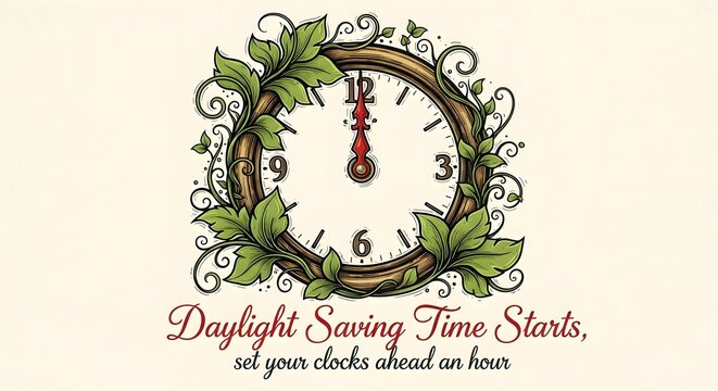Daylight Saving Time Clock with Green Leaves and Floral Decor