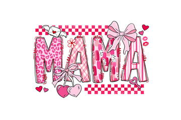 Cute pink leopard print and striped letters spelling mama with hearts and bows for valentines day or mothers day Sublimation design isolated on transparent background