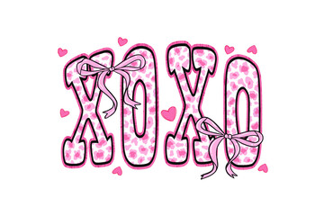 Xoxo Valentine's day text with pink leopard print pattern and bows Sublimation design isolated on transparent background