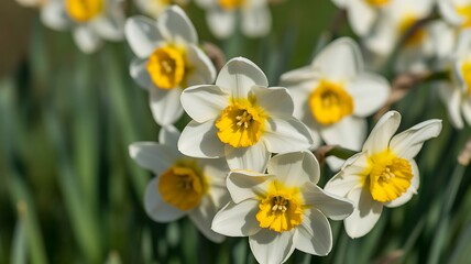 Fototapeta premium Close-Up of White & Yellow Daffodils Blooming in Spring Garden Sunlight