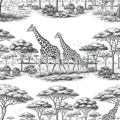 Giraffes in the savannah, a vector seamless pattern in the Toile de Jouy style. Line art design for fabric and wallpaper. Luxurious print of African nature and landscape.