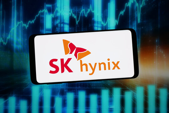 Stuttgart, Germany - 02-09-2026: In this photo illustration, the logo of Korean semiconductor company SK Hynix Inc. is displayed on a smartphone in front of abstract background on computer screen.