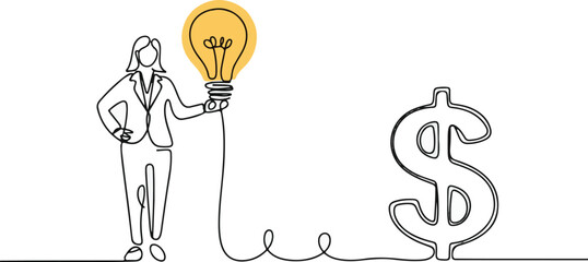 Captures the process of a business professional transforming a creative idea (light bulb) into capital (dollar sign)