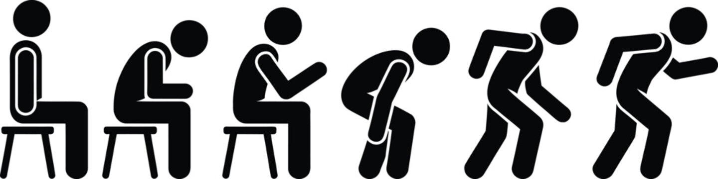Illustrative sequence of a person sitting, bending, and standing up from a chair